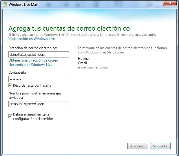 Cómo configurar el correo Windows Live (Windows 7) - de - Alojared